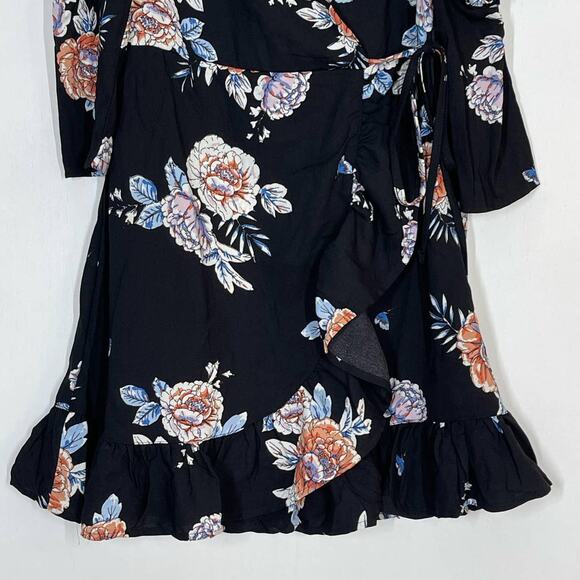 NEW Romeo & Juliet Couture Black Floral Faux Wrap Mini Dress S Cold Shoulder - Picture 5 of 10